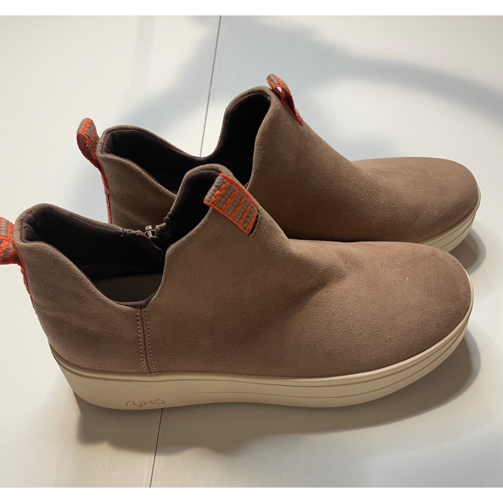 Ryka 7.5 Womens Suede Ankle Boots Taupe Orange Pull Tab Slip On Size 7.5